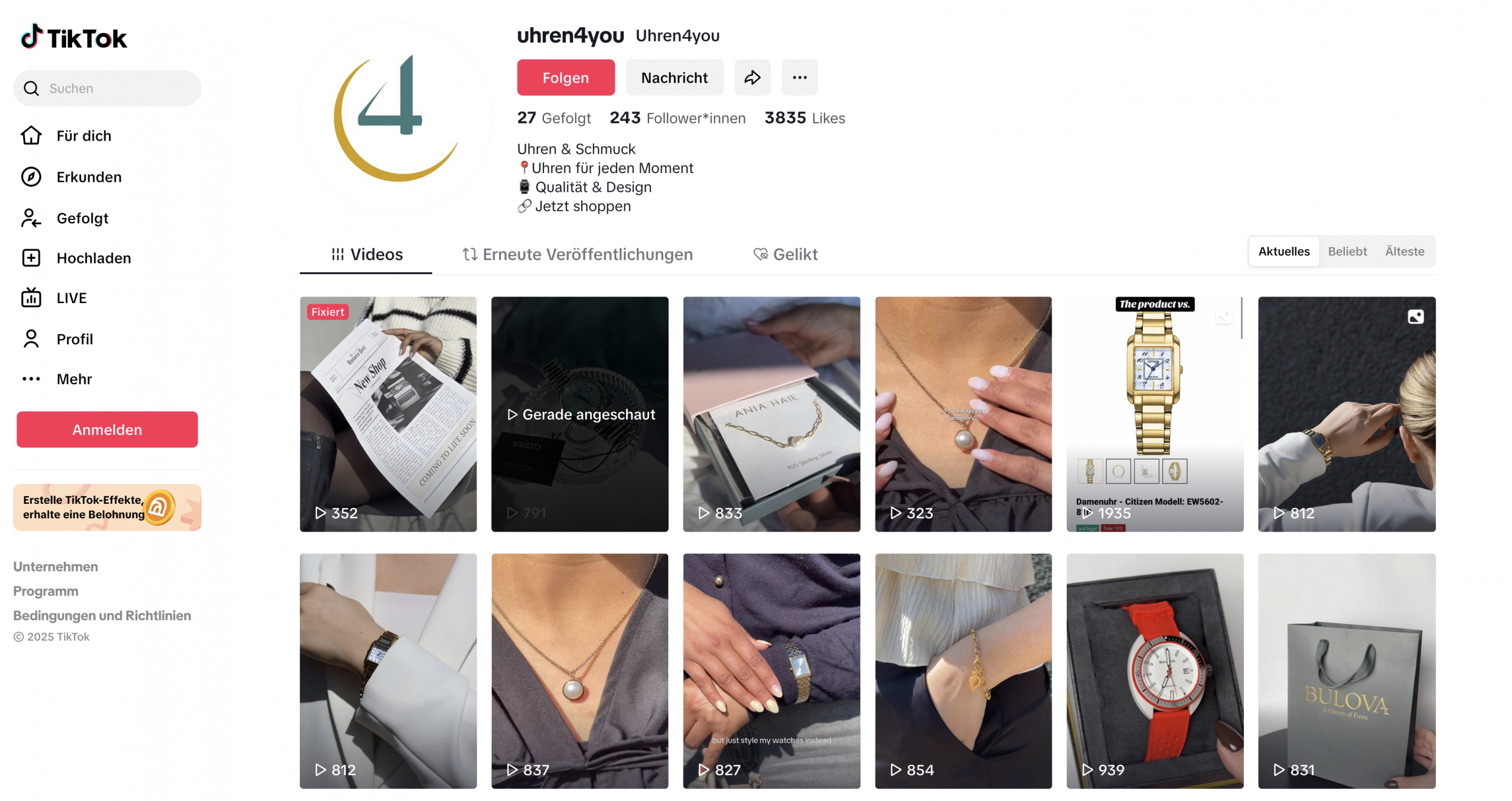 TikTok-Account von Uhren4You mit Videos zu Uhren und Schmuck – Beispiel für Brand Building und Social Media Präsenz im E-Commerce.