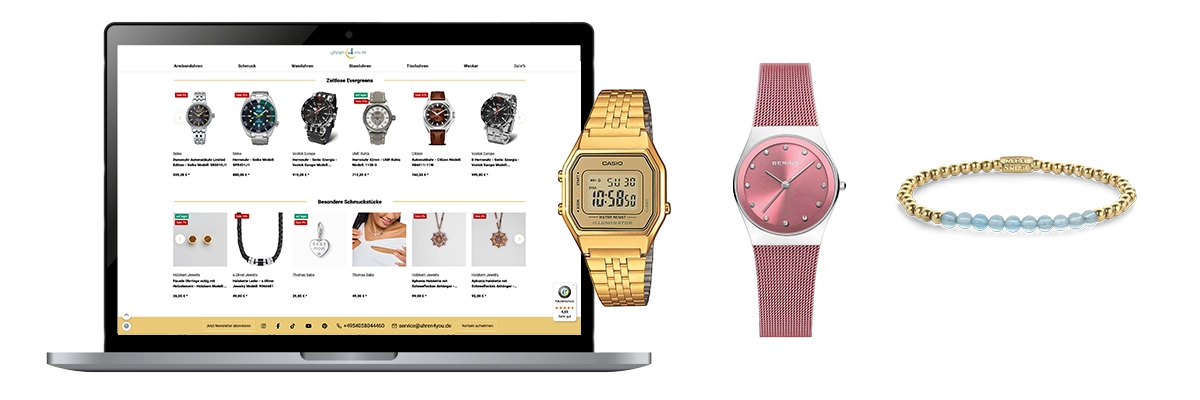 Online-Shop für Uhren und Schmuck auf einem Laptop mit goldener Casio-Uhr im Vordergrund