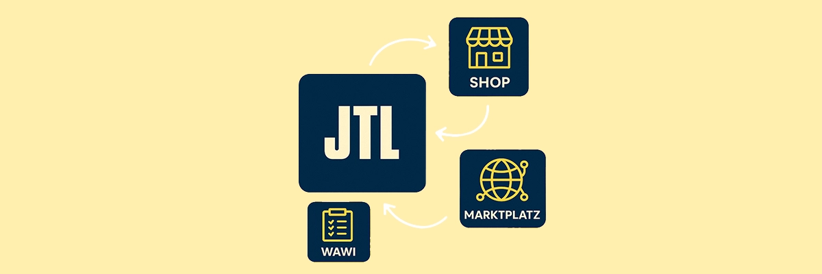 Illustration des JTL-Systems mit Fokus auf Warenwirtschaft (WaWi), Online-Shop und Marktplatzanbindung.