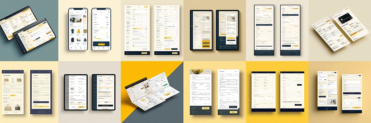 Mehrere Mockups von mobilen Online-Shop und Checkout-Designs – Beispiel für E-Commerce, UX-Optimierung und digitale Markenentwicklung.