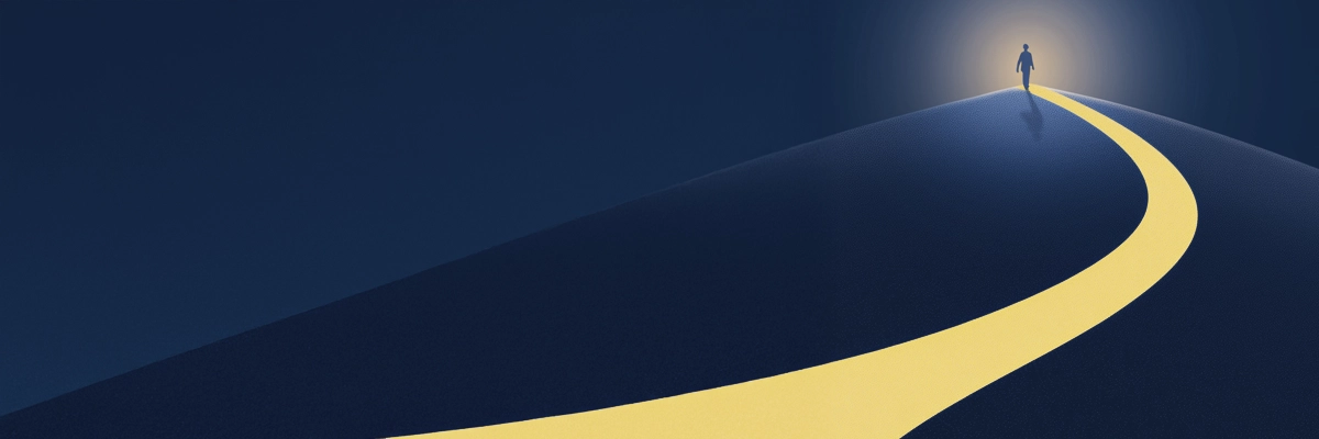 Sinnbild für den Markenaufbau im E-Commerce: Eine Person folgt einem gelb leuchtenden Pfad in Richtung Erfolg auf tiefblauem Hintergrund – symbolisiert Skalierung und Zielstrebigkeit.