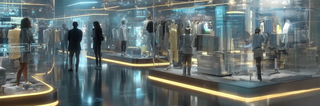 Ein futuristischer Concept Store mit interaktiven Schaufenstern und holografischen Anzeigen zeigt zentrale E-Commerce Trends 2026: Personalisierung, Zero-Click-Commerce, Nachhaltigkeit, KI-Assistenz und AR-Shopping.