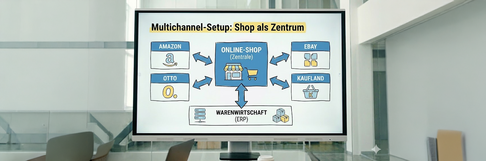 Infografik auf einem Büromonitor, die ein E-Commerce Multichannel-Setup zeigt. Der eigene Online-Shop steht als "Zentrale" in der Mitte und ist über bidirektionale Pfeile mit den Marktplätzen Amazon, eBay, Otto, Kaufland sowie der darunterliegenden Warenwirtschaft (ERP) verbunden. Der Stil ist eine blau-gelbe digitale Skizze.