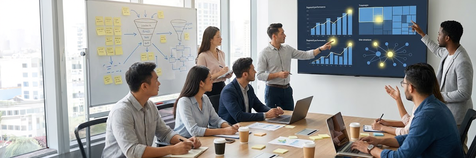 Team arbeitet mit einer e-Commerce SEO-Agentur an Shop-Struktur, Keywords und SEO-Strategie