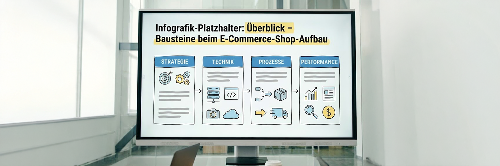 Infografik zum E-Commerce Shop Aufbau mit den fünf Kernbereichen Strategie, Technik, Prozesse, Inhalte und Performance in modernem dunkelblau-gelbem Design.