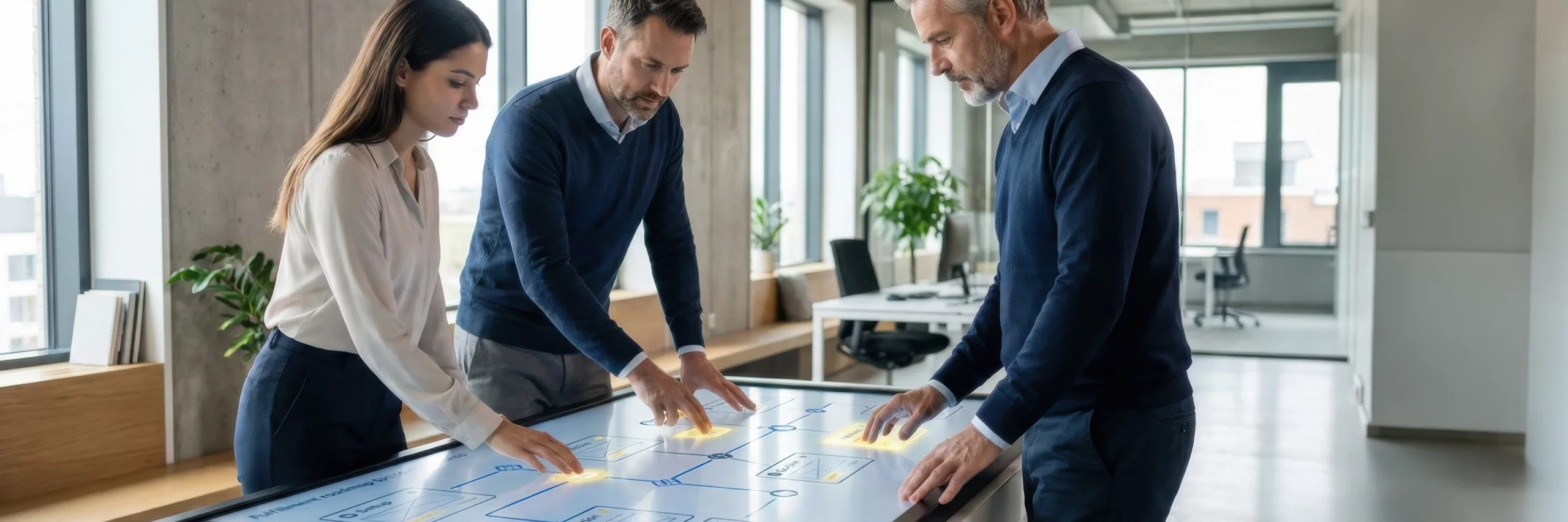 Kleines Team plant Fulfillment Online Shop Integration auf einem Touchscreen mit Roadmap und Prioritäten