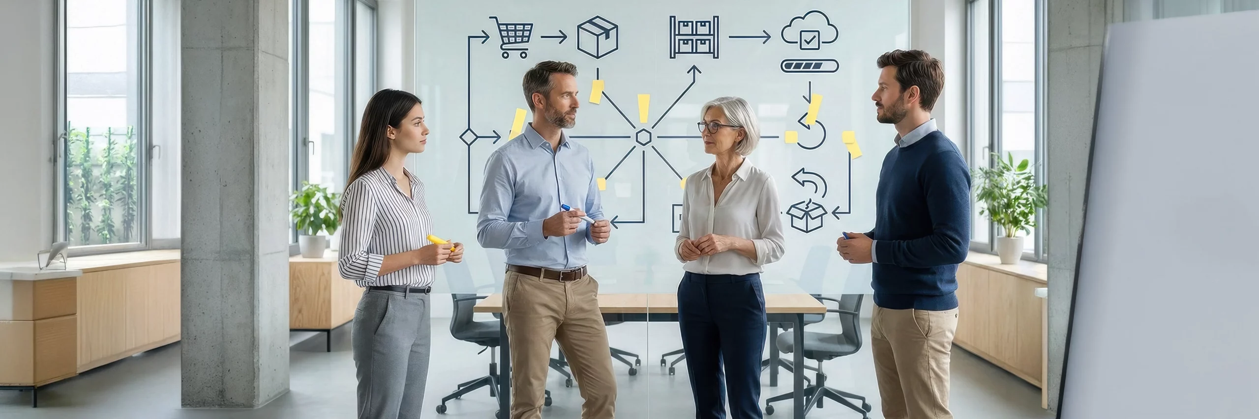 Team skizziert Fulfillment Online Shop Flows für Bestellungen, Bestände und Status, um Prozesse stabil zu machen