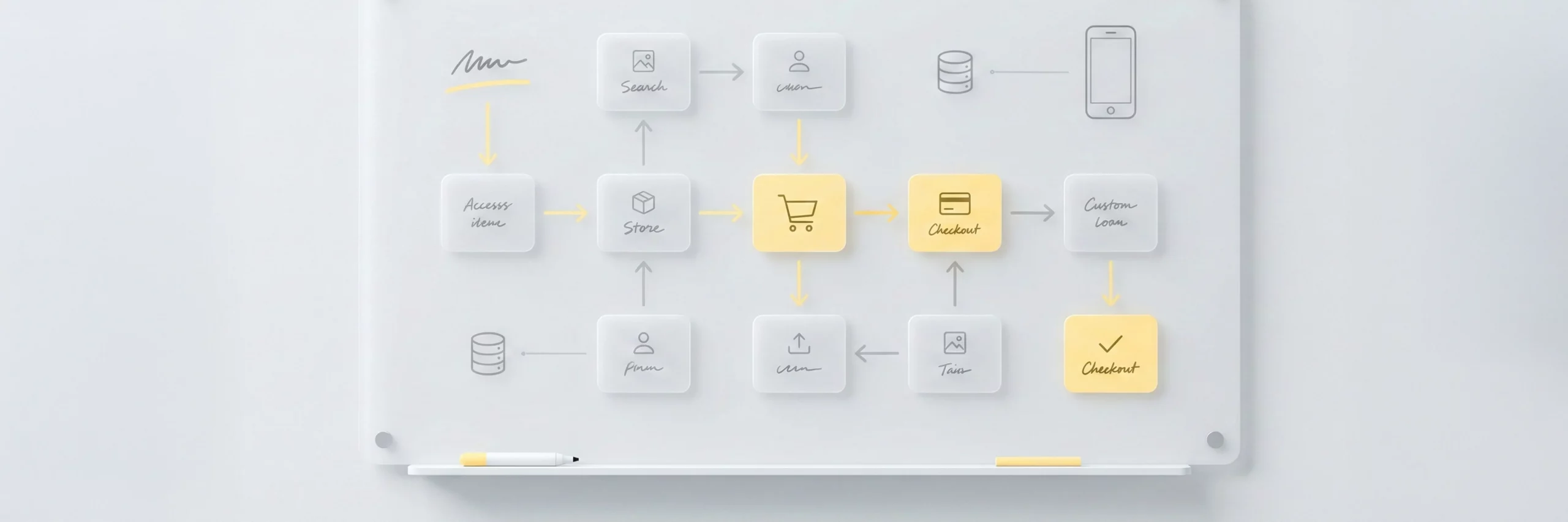 Stylisches Whiteboard-Flowchart zur eCommerce Beratung mit Prozessübersicht und gelben Akzenten