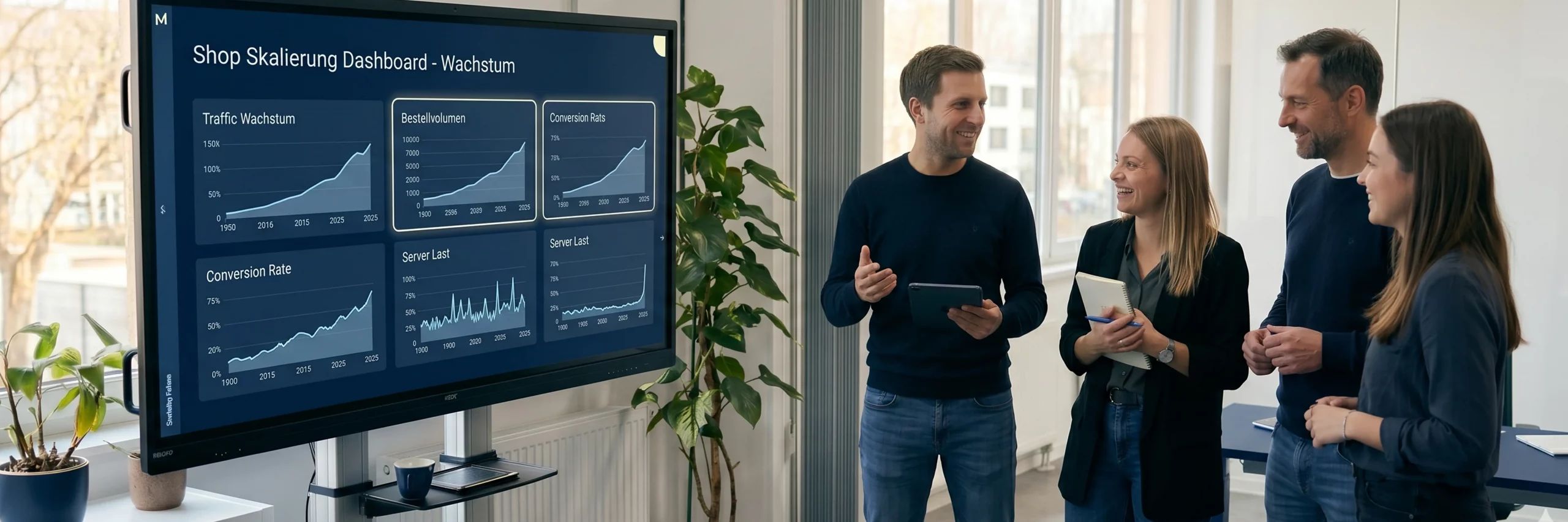 Ein Team bei einer eCommerce Beratung analysiert Wachstumsdaten zur Shop Skalierung auf einem großen Monitor in einem hellen Büro.