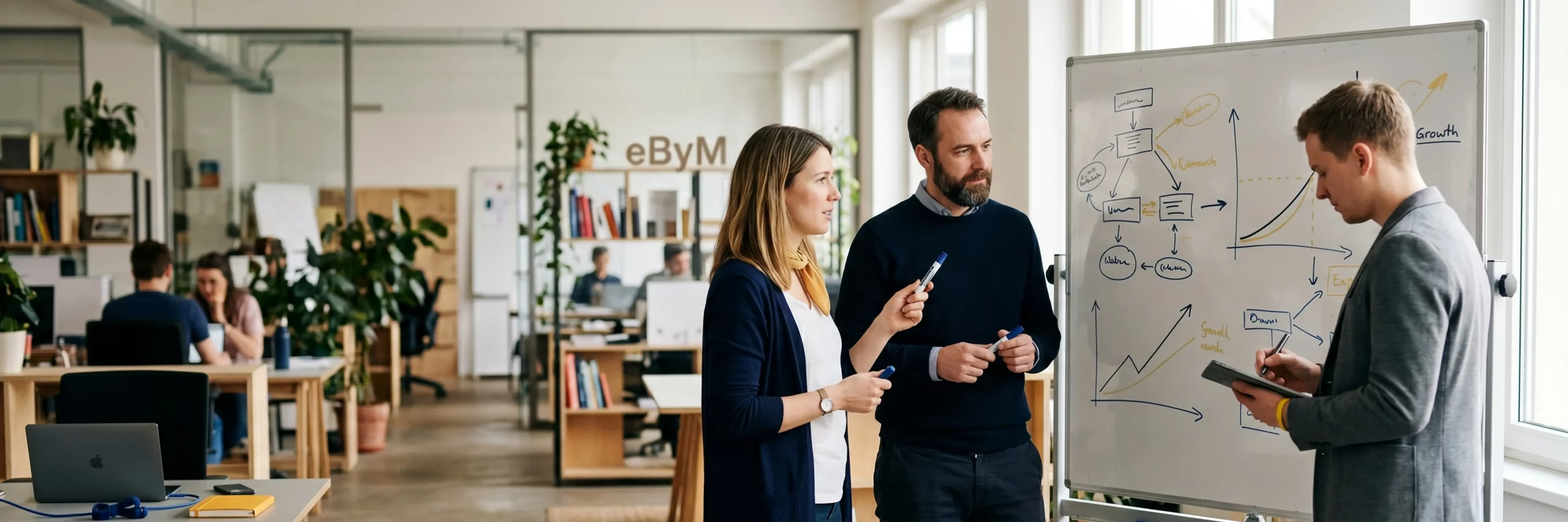 Team plant E-Commerce Strategie am Whiteboard