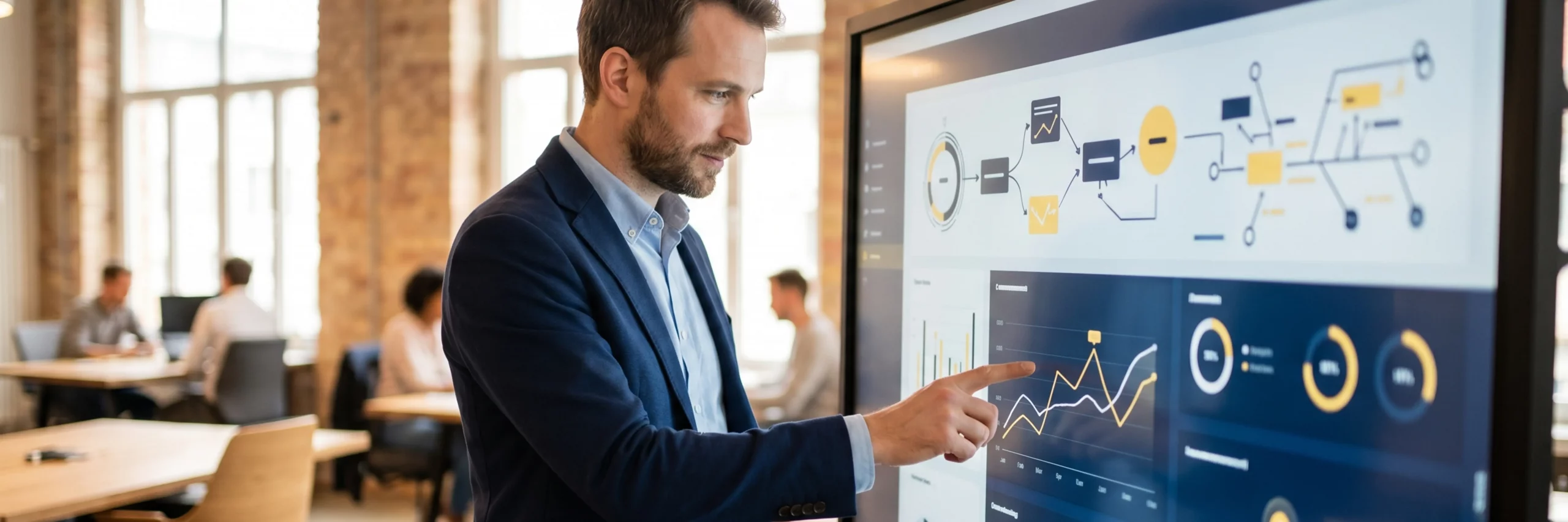 Experte analysiert Performance-Daten auf einem Touchscreen