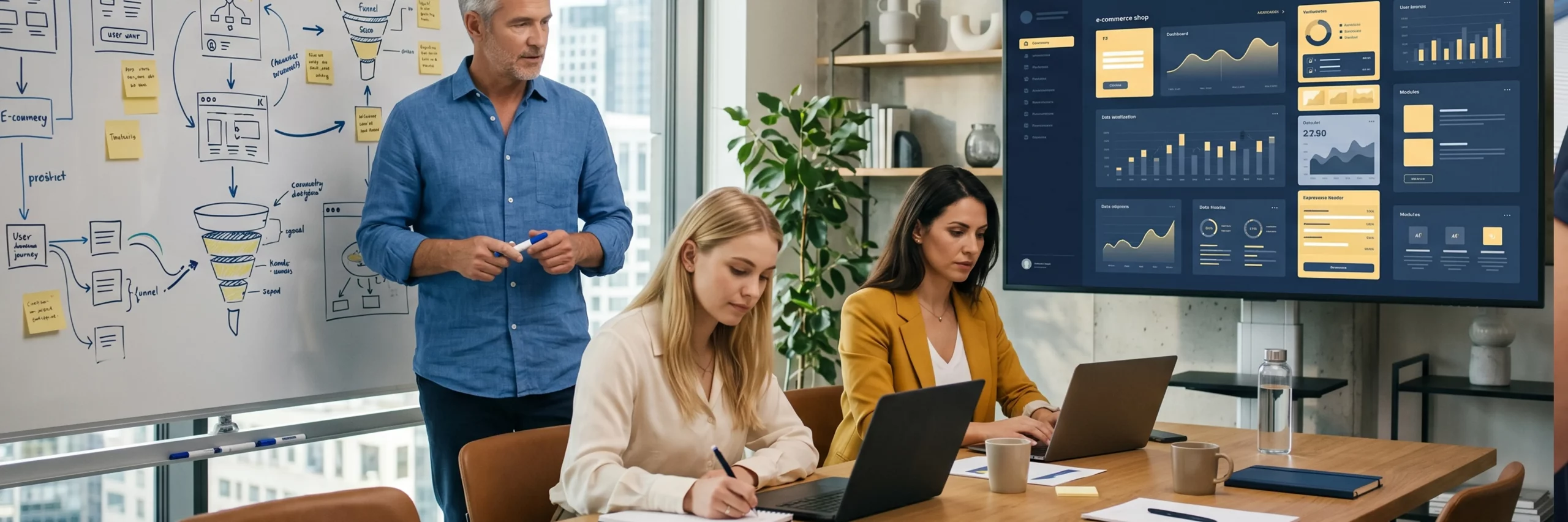 : Europäisches, altersdiverses Team plant einen Online-Shop eCommerce mit Struktur, Prozessen und skalierbarem Setup