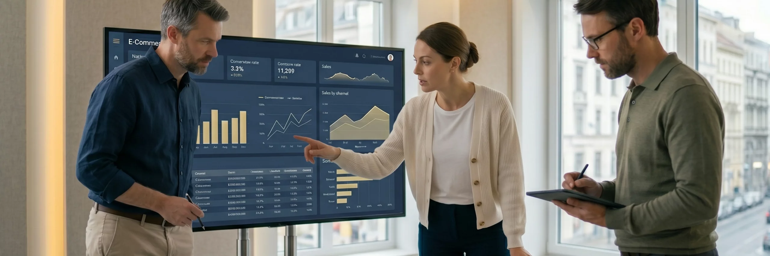 Ein Team von Online Shop Beratern analysiert gemeinsam E-Commerce-Daten an einem großen Monitor.