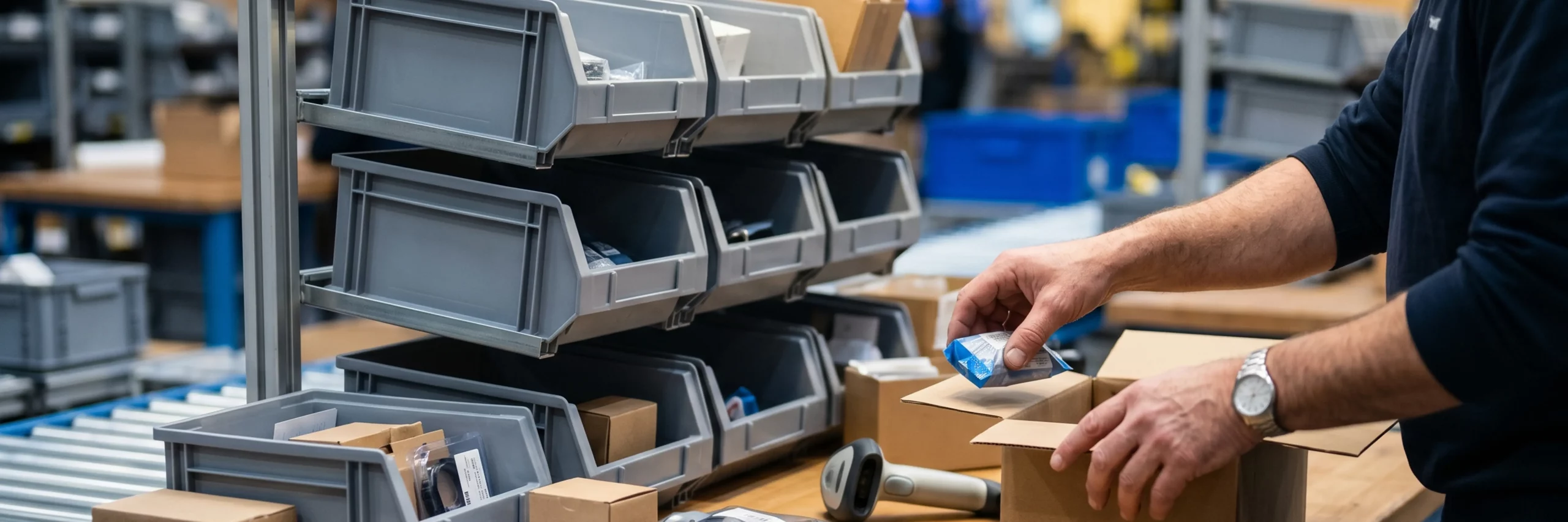 Detailaufnahme eines optimierten Packtischs mit modularen Behältern in einer E-Commerce-Logistik