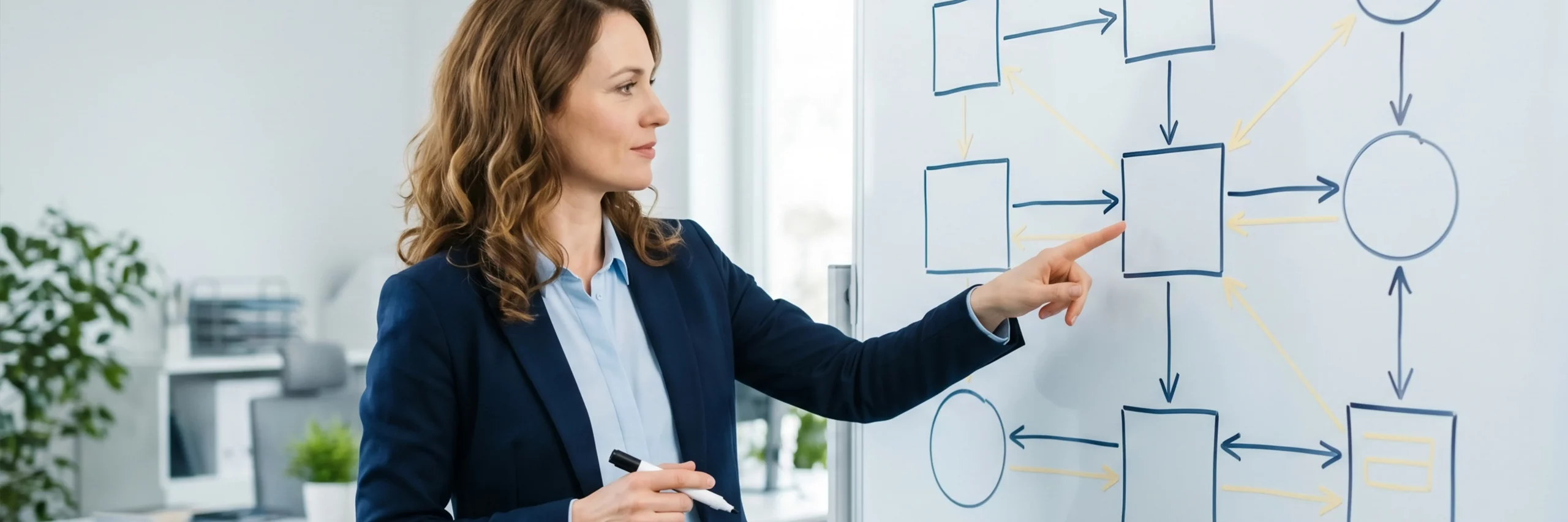Beraterin erklärt eine skalierbare Systemarchitektur für Prozessautomatisierung am Whiteboard