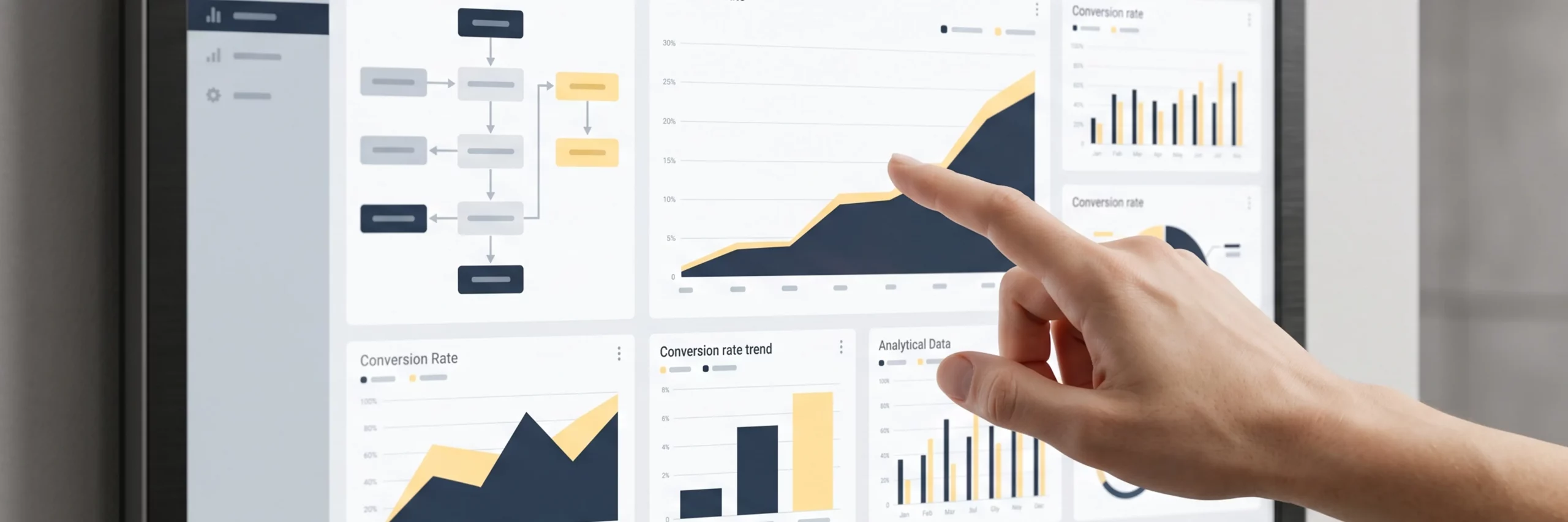 Hand zeigt auf eine steigende Wachstumskurve auf einem E-Commerce Performance Dashboard Touchscreen