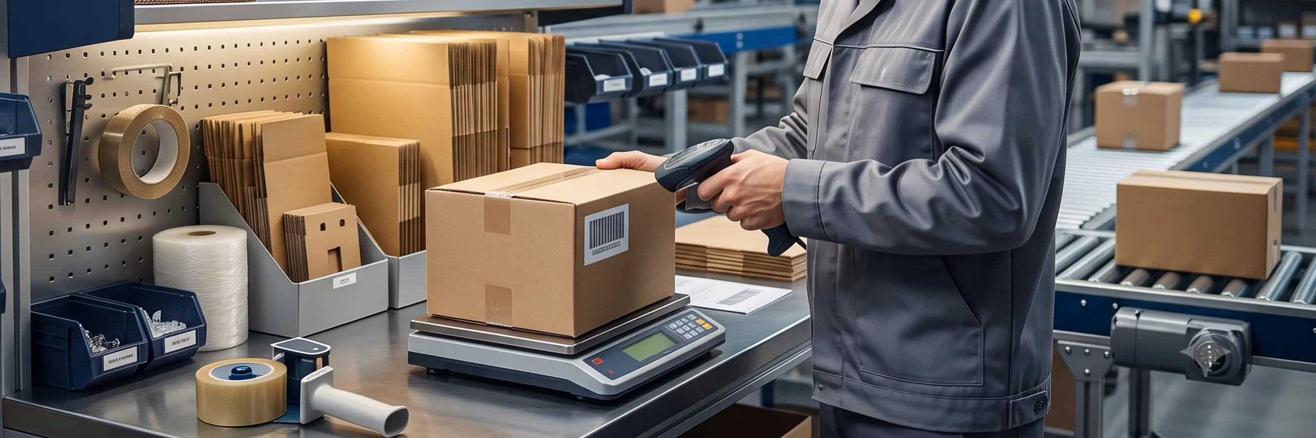 Mitarbeiter scannt ein Paket an einem automatisierten E-Commerce Packtisch im Logistikzentrum