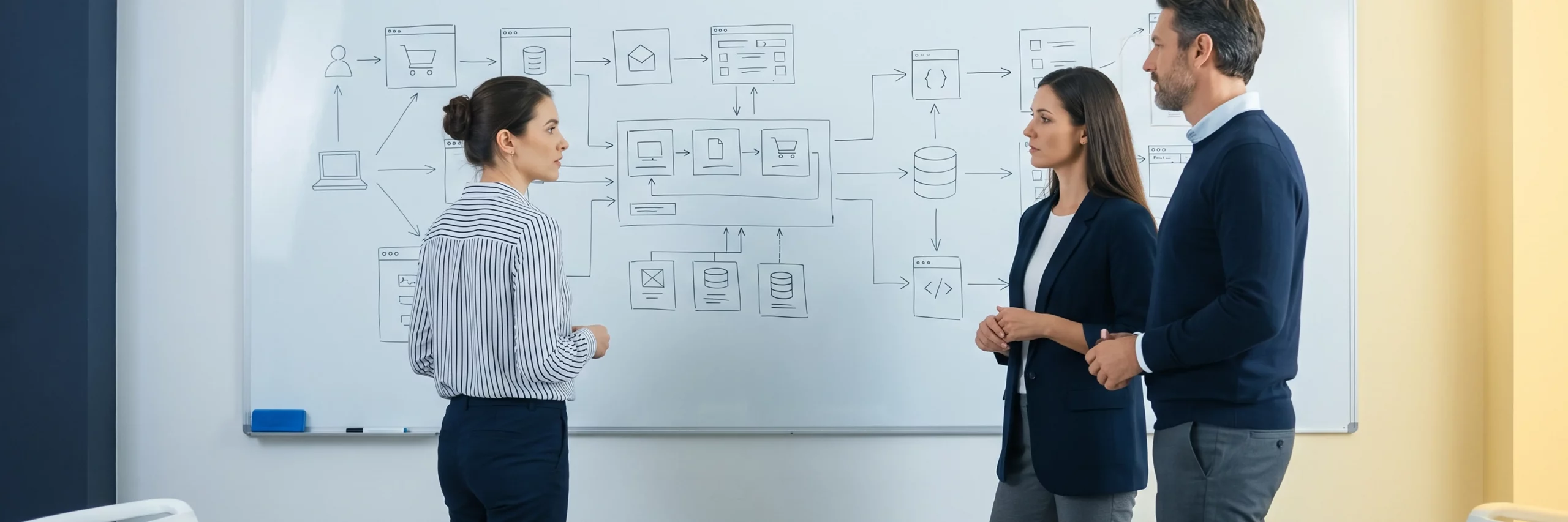 E-Commerce Experten analysieren komplexe Systemarchitekturen auf einem Whiteboard in einem Meetingraum
